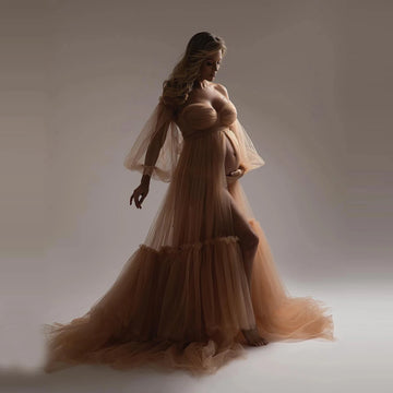 Mqtime Fluffy Tulle Maternity Dresses for Photo Shoot Tiered Ruffle Tulle Tan Pregnancy Maternity Gown Removable Sleeve Maternity Dress